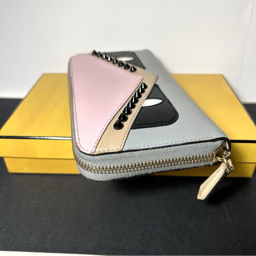 Fendi Monster Eyes Cont. Zip Around Leather Wallet Full Inclusion Pink/Gray/Stud - Picture 7 of 16